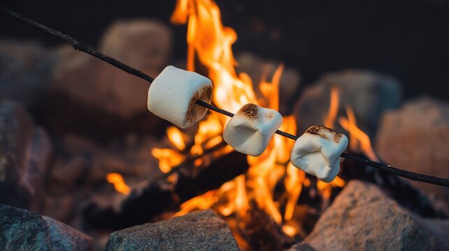 caramelization. Marshmallows roasting over a campfire on a stick. menu design, packaging mockups, designed for culinary blogs and recipe cards for restaurants, used by account managers.