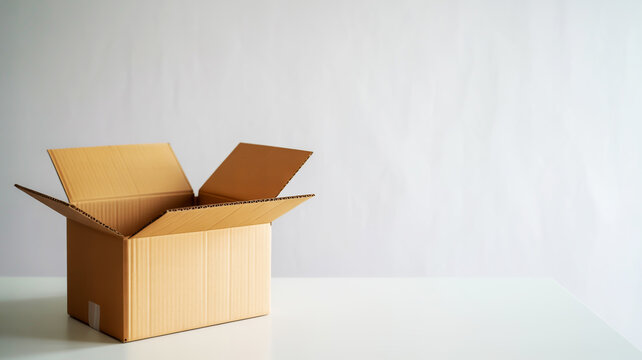 Open brown cardboard box on a white table open box package