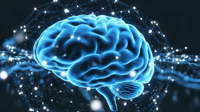 Blue glowing brain with network connections for commercial backgrounds, digital design, and advertising