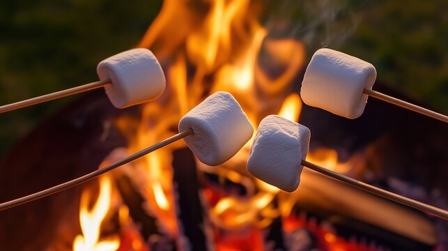 caramelization. Marshmallows roasting over a campfire on a stick. menu design, packaging mockups, designed for culinary blogs and recipe cards for restaurants, used by account managers.