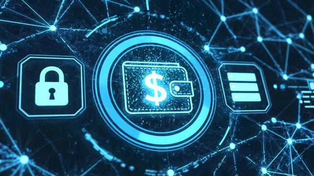 Digital wallet and security icons on network background for commercial backgrounds, digital design, and advertising