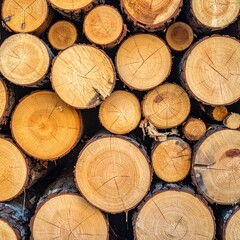 Fototapeta premium Close-up view of a neatly stacked pile of cut logs, displaying circular cross-sections with visible growth rings and textures