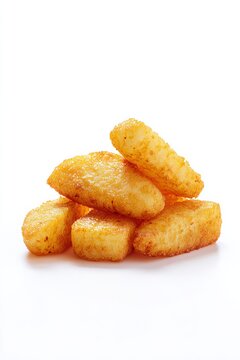 Crispy golden potato hash brown sticks piled up against a clean white background