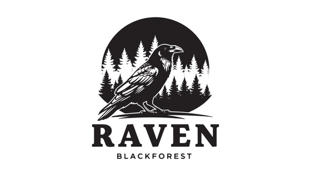 Eagle forest logo with raven silhouette, pine trees circle badge, and Raven Blackforest typography for branding