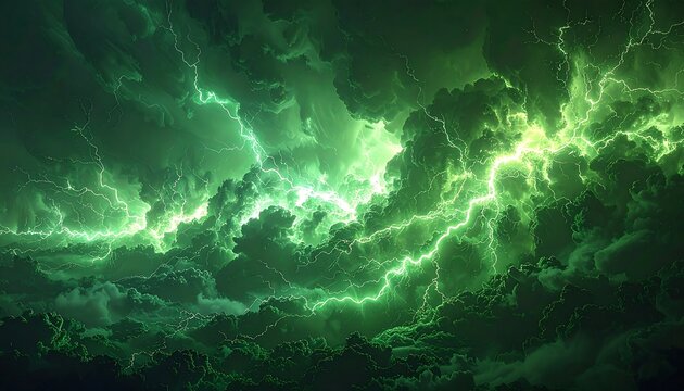 A dramatic depiction of an electric storm, featuring intense green lightning bolts slashing across a dark, turbulent cloudscape