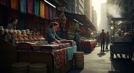 Fototapeta premium Vibrant Street Market Scene Capturing Daily Life.