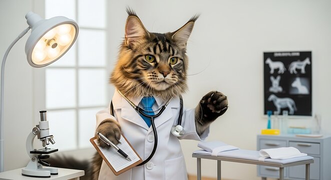 A fluffy, tabby cat dressed as a doctor, wearing a white coat, stethoscope, and tie, holding a clipboard and pen. The cat stands in an office setting with medical tools