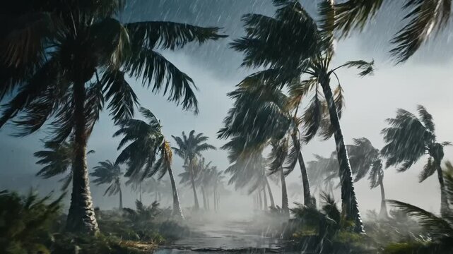 Palm trees in heavy rain and wind for environmental projects, nature documentaries, and commercials