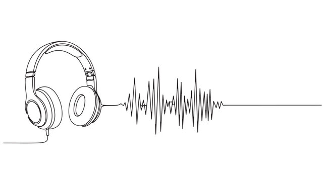 Headphones with audio waveform line and microphone cord illustration for sound recording and music listening concept