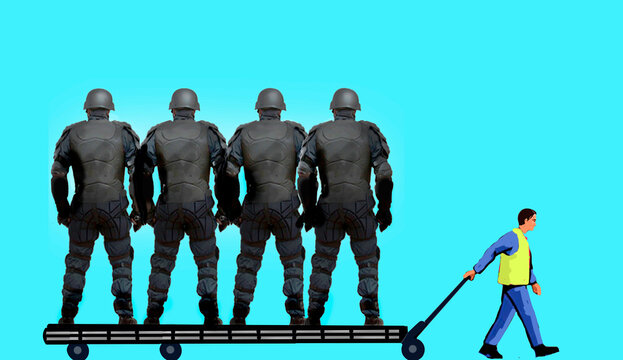 Cart with armored police team representing concept of security delivery