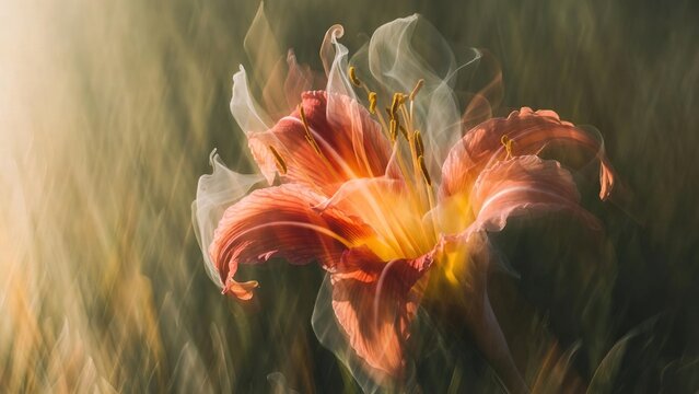 Vibrant orange daylily with ethereal light streaks and soft glow