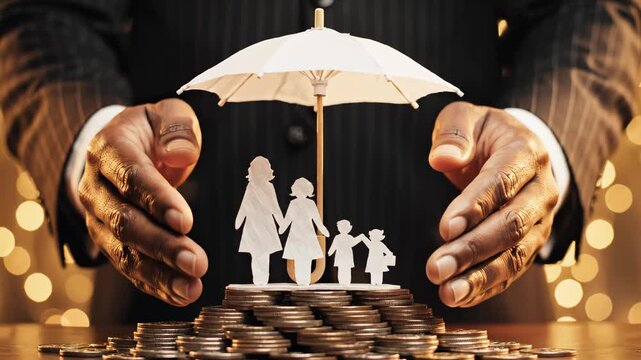 Hands protecting paper family under umbrella for commercial backgrounds, digital design, and advertising