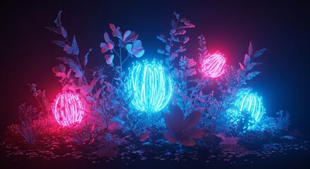 Fototapeta premium Glowing Spheres in a Dark Forest - A Neon Dreamscape.