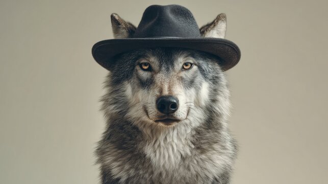 Creative portrait of a wolf wearing a black stylish fedora hat on neutral background.