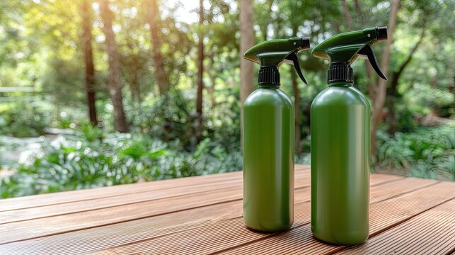 Green cleaning products rest on a wooden table with a blurred garden background in sunlight during a morning
