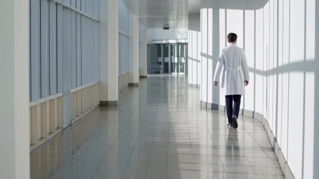 Medical Professional Walking Calmly. Healthcare Provider Progressing Quietly Through Sunlit Corridor