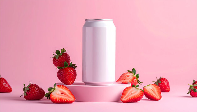 White aluminum beverage can on a pink pedestal surrounded by fresh red strawberries against a vibrant pink background.