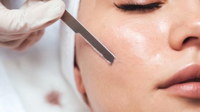 A dermaplaning facial exfoliation procedure.