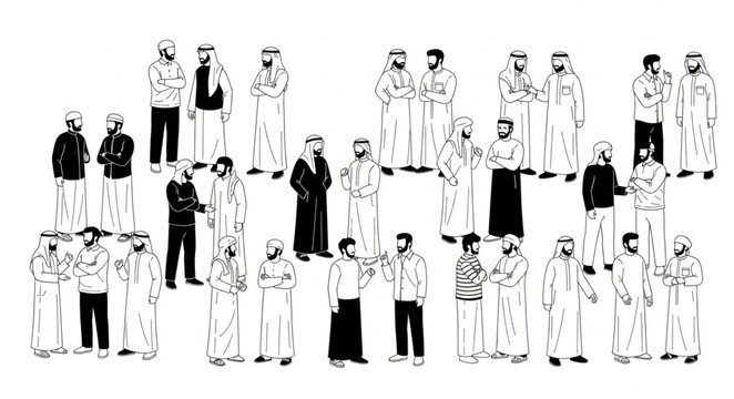 Group of men in traditional attire, standing together in a gathering.