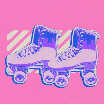 Retro 80s style roller skates animation with vibrant neon colors and grainy vintage texture loop