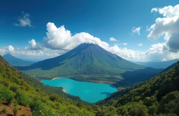 Fototapeta premium Green volcano summit capped with clouds overlooks a bright blue lake in a valley. Rich forest covers steep hillsides under a clear sky with fluffy white clouds.