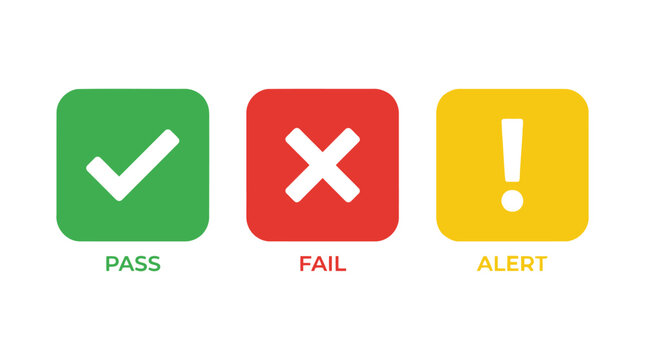Check mark cross and exclamation point square icons for pass fail and alert status results.