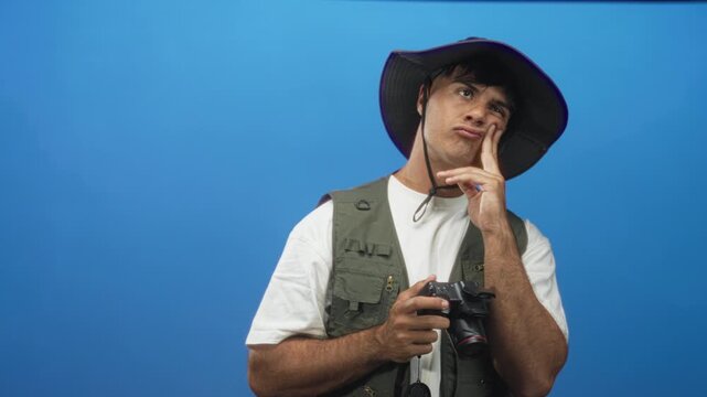 Young hispanic man with camera, explorer hat and vest touching cheek with two fingers in studio; pondering curiosity adventure.