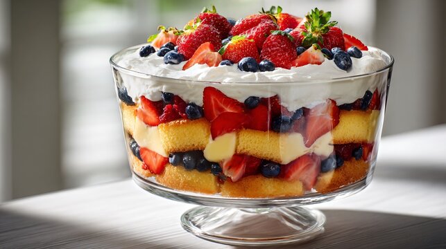 Spring berry trifle layered beautifully in a large clear glass bowl showcasing visible layers of sponge cake, vanilla custard, whipped cream, and vibrant strawberries and blueberries