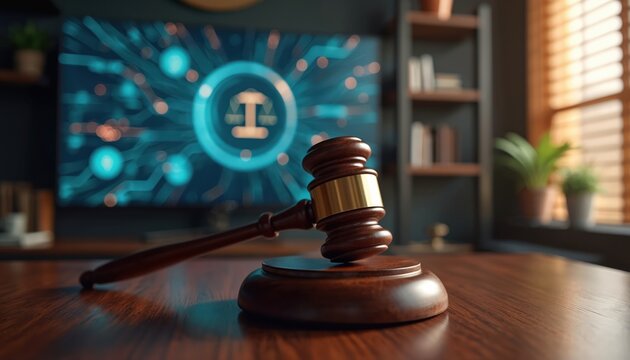 Judges gavel on desk in front of AI screen displaying justice scales symbol and circuit board pattern. Represents legal tech future and digital law concepts.