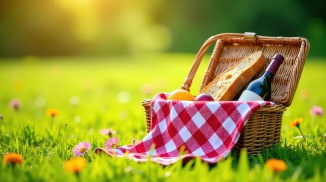 A delightful picnic basket awaits, brimming with fresh bread, a bottle of wine, and juicy fruits, nestled amidst a vibrant meadow of wildflowers bathed in golden sunlight.