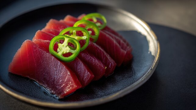 hyperboloid. A ceramic plate with fresh sashimi slices, garnished with green chili rings, minimalist presentation. menu design.