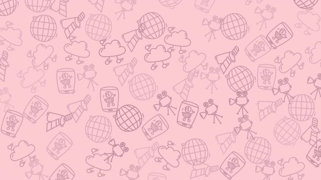 Seamless tech doodle animation on pink. Features hand-drawn communication & internet icons. Perfect for modern web backgrounds, creative digital content, and tech-themed presentations.