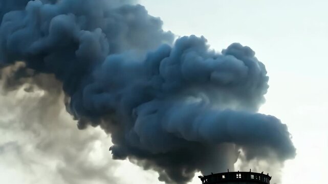 Thick gray smoke billows from industrial chimney against a pale sky, showcasing the continuous flow and transformation of smoke patterns in a manufacturing environment