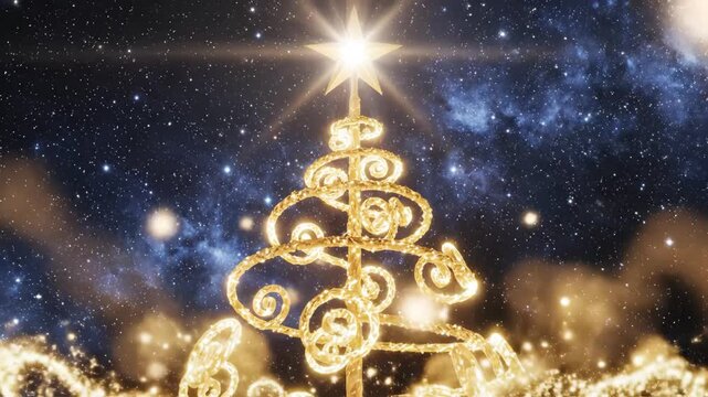 Golden Christmas tree in starry sky for tech concepts, digital marketing, and futuristic projects