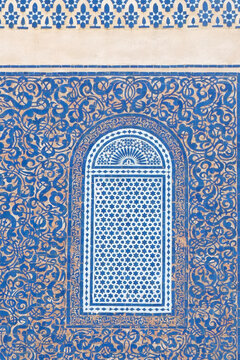 Ornate Blue Tile Panel at Bab Bou Jeloud Gate in Fes Morocco with Intricate Islamic Geometric Pattern