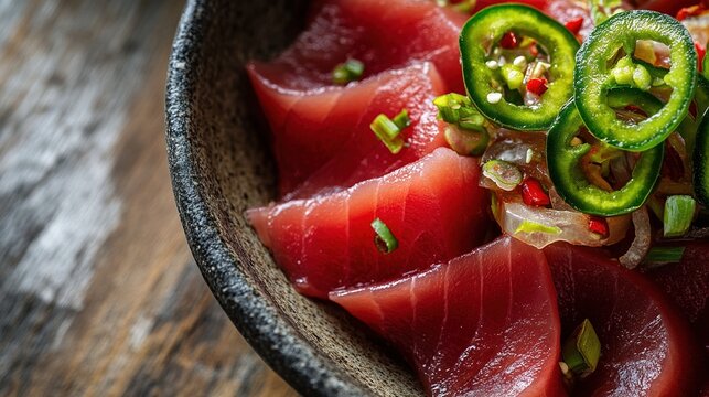 hyperboloid. A ceramic plate with fresh sashimi slices, garnished with green chili rings, minimalist presentation. menu design.