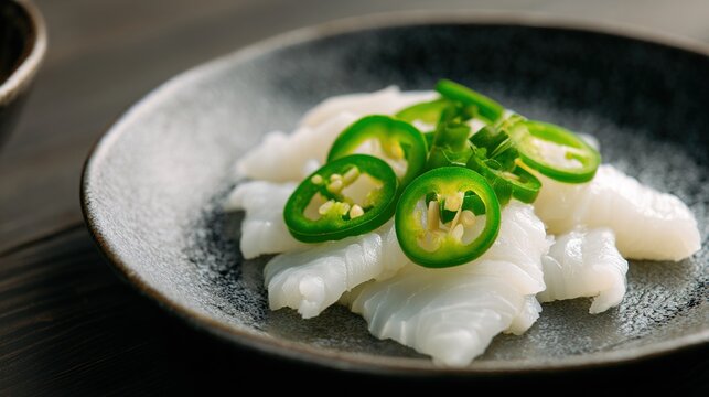 hyperboloid. A ceramic plate with fresh sashimi slices, garnished with green chili rings, minimalist presentation. menu design.
