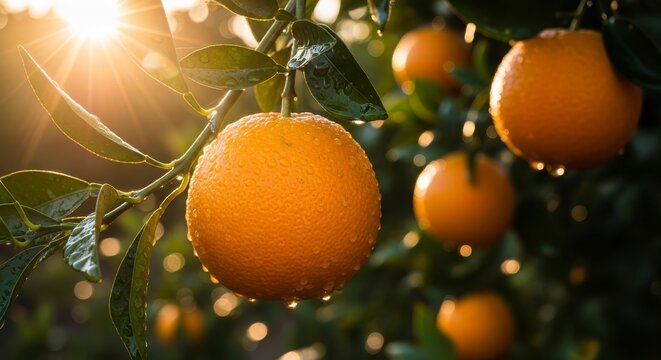 Ripe orange on tree branch with golden sunlight and bokeh background