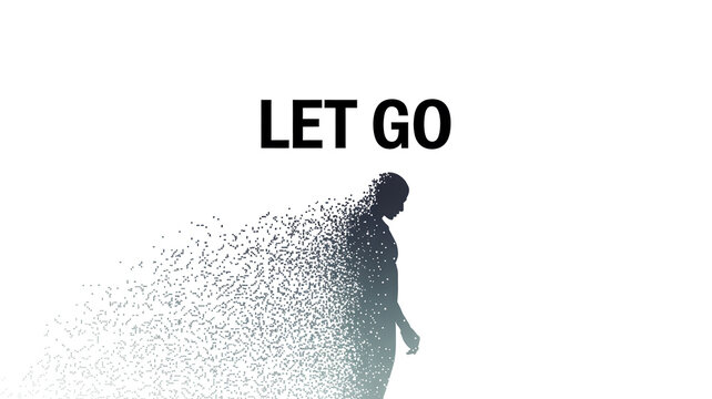 Silhouette dissolving into particles with text let go, release and transformation concept, letting go of past, emotional healing, minimal composition with copy space