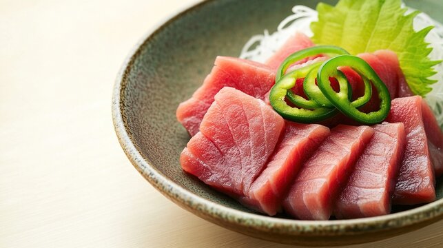 hyperboloid. A ceramic plate with fresh sashimi slices, garnished with green chili rings, minimalist presentation. menu design.