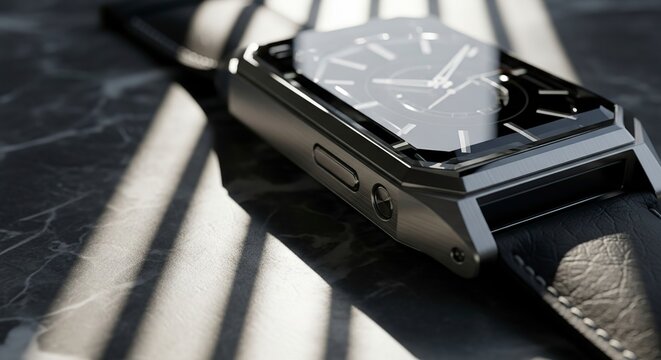 Modern wristwatch with protective packaging on a reflective surface.