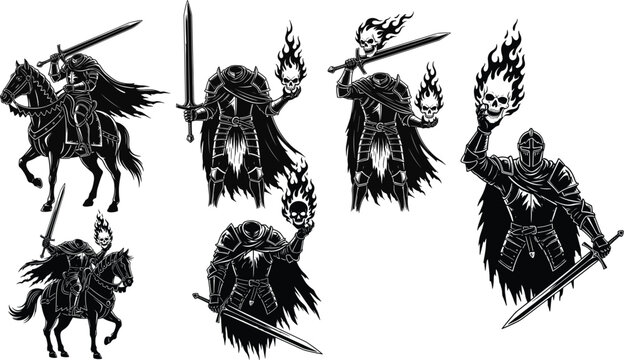 Flaming Skull Knight Icon Set Featuring Armored Knights on Horseback and Standing with Swords for Fantasy, Battle, and Dark Fantasy Illustrations