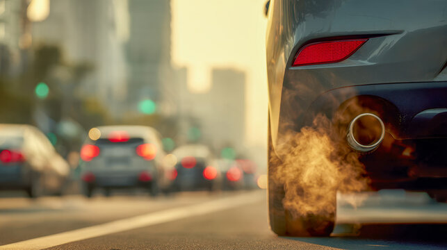 Exhaust fumes emitting from a car tailpipe in city traffic during a hazy sunset highlighting urban air pollution concerns on a busy street