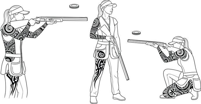 Clay Pigeon Shooting Icon Set Featuring Female Shooter Silhouettes in Action Poses for Sport, Competition, and Outdoor Activity Illustrations