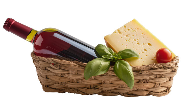 Wicker basket holding red wine bottle cheese basil tomato