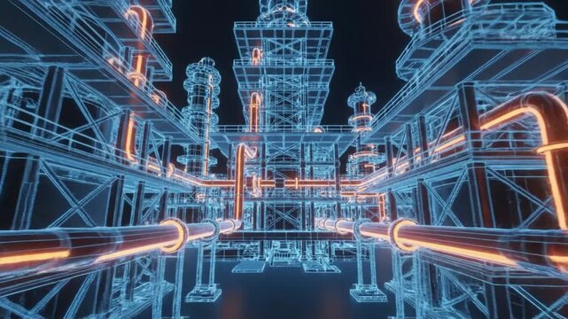Industrial complex with pipes and structures illuminated at night