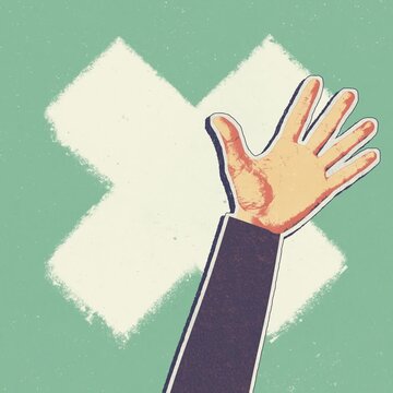 Retro pop art animation of a raised hand over a cross symbol with grainy vintage texture loop