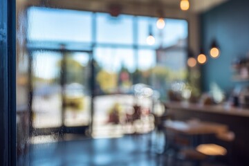 Obraz premium Softly focused coffee shop interior with outdoor view through a glass entrance