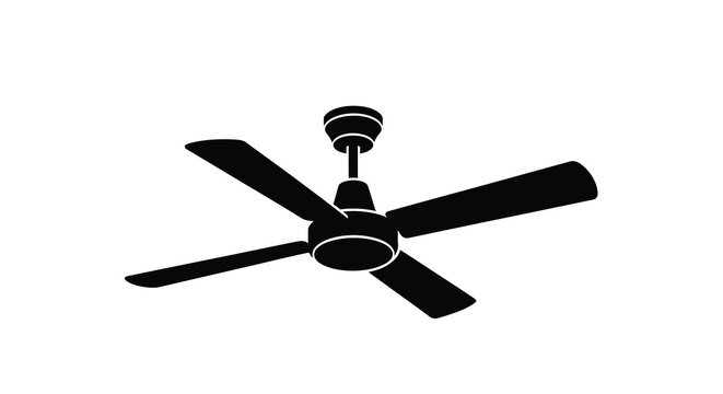 A black ceiling fan is displayed against a white background silhouette