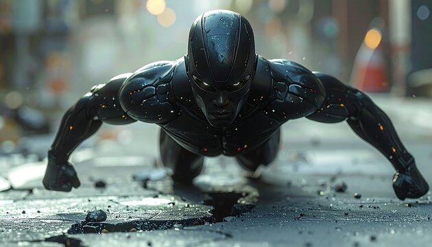 A figure, clad in sleek, dark armor, is seen close to the ground, with focused eyes amidst a cracked urban setting